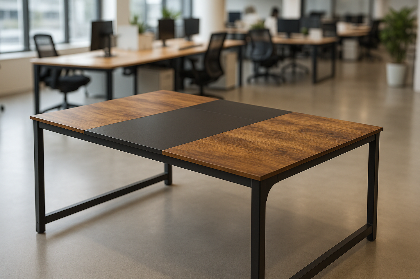 Bureau de travail partagé 4 postes – Plateau bois et structure métal