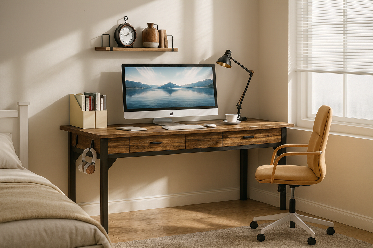 Bureau rectangulaire avec tiroirs intégrés et crochet latéral – Plateau bois et structure métal