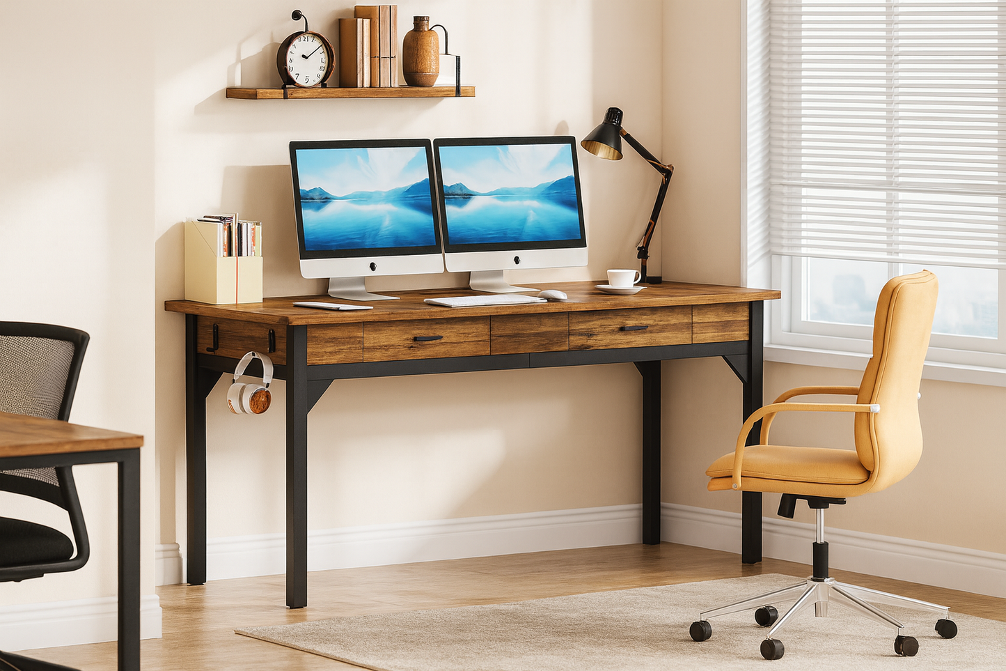Bureau rectangulaire avec tiroirs intégrés et crochet latéral – Plateau bois et structure métal