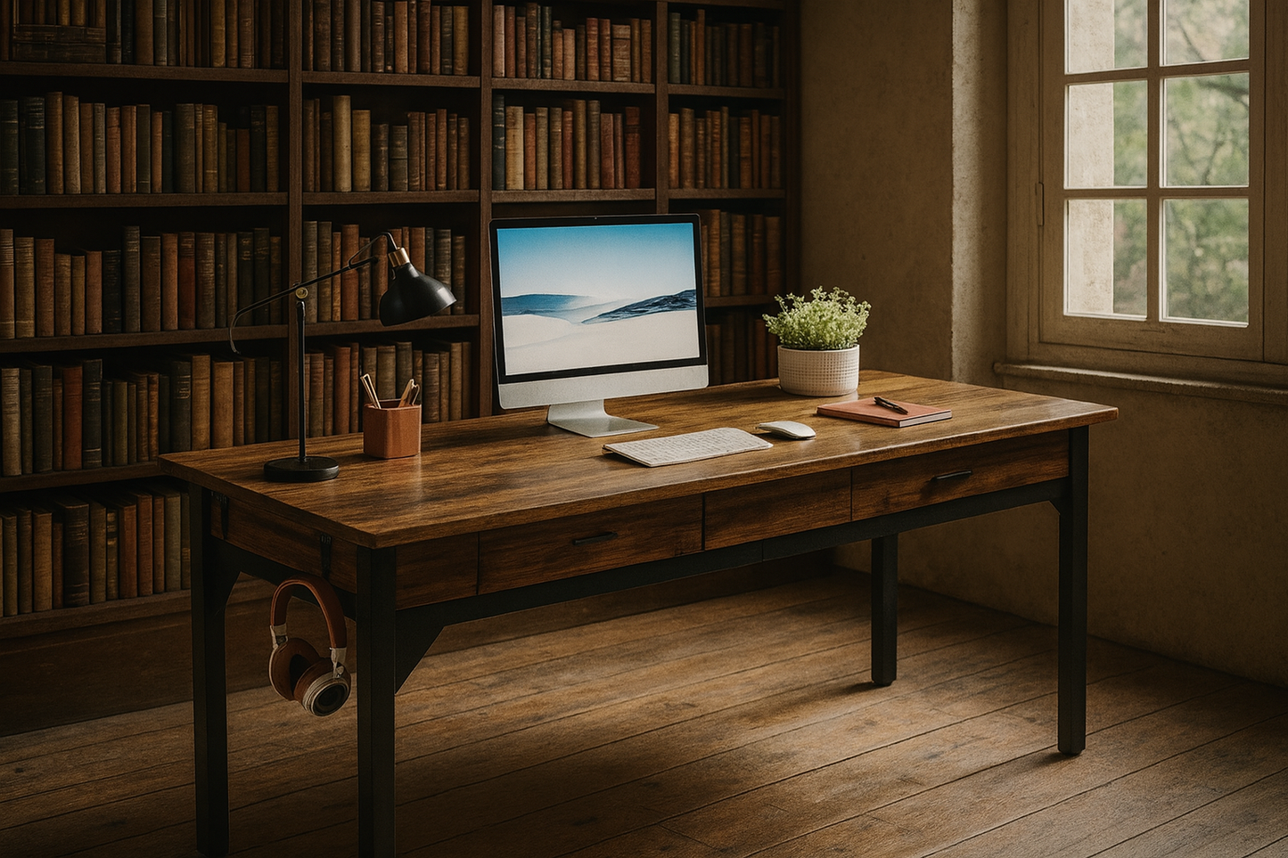 Bureau rectangulaire avec tiroirs intégrés et crochet latéral – Plateau bois et structure métal