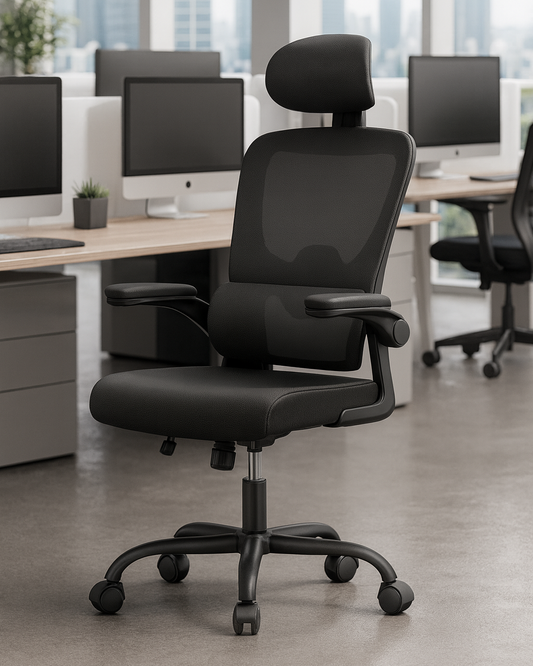 Chaise de bureau ergonomique avec appui-tête réglable, dossier en maille et accoudoirs relevables