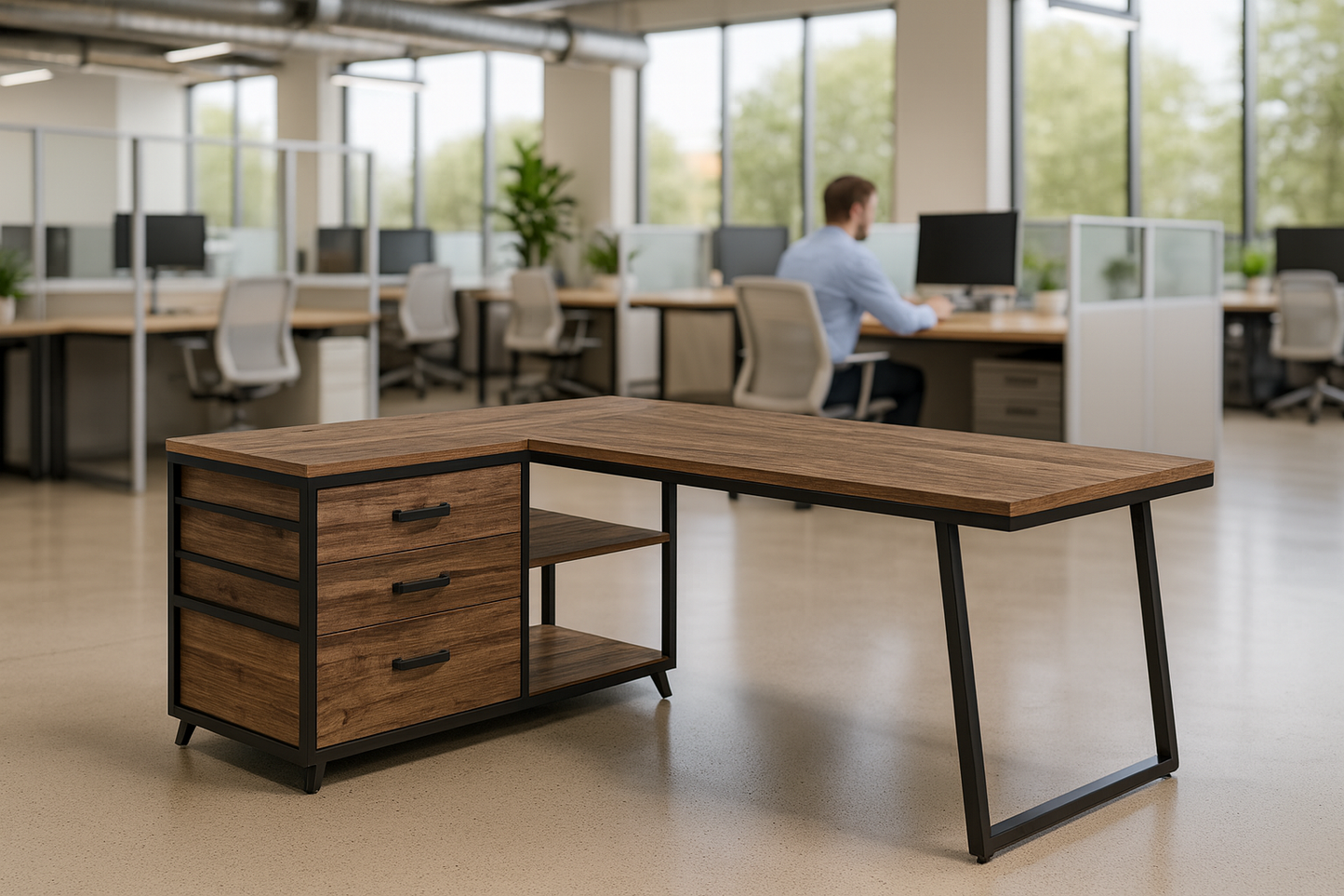 Bureau d’angle en L avec 3 tiroirs et 2 étagères – Structure métal et plateau bois