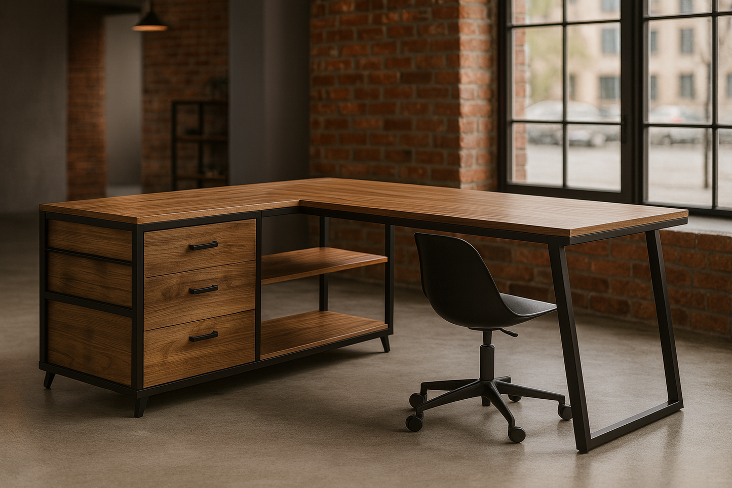 Bureau d’angle en L avec 3 tiroirs et 2 étagères – Structure métal et plateau bois