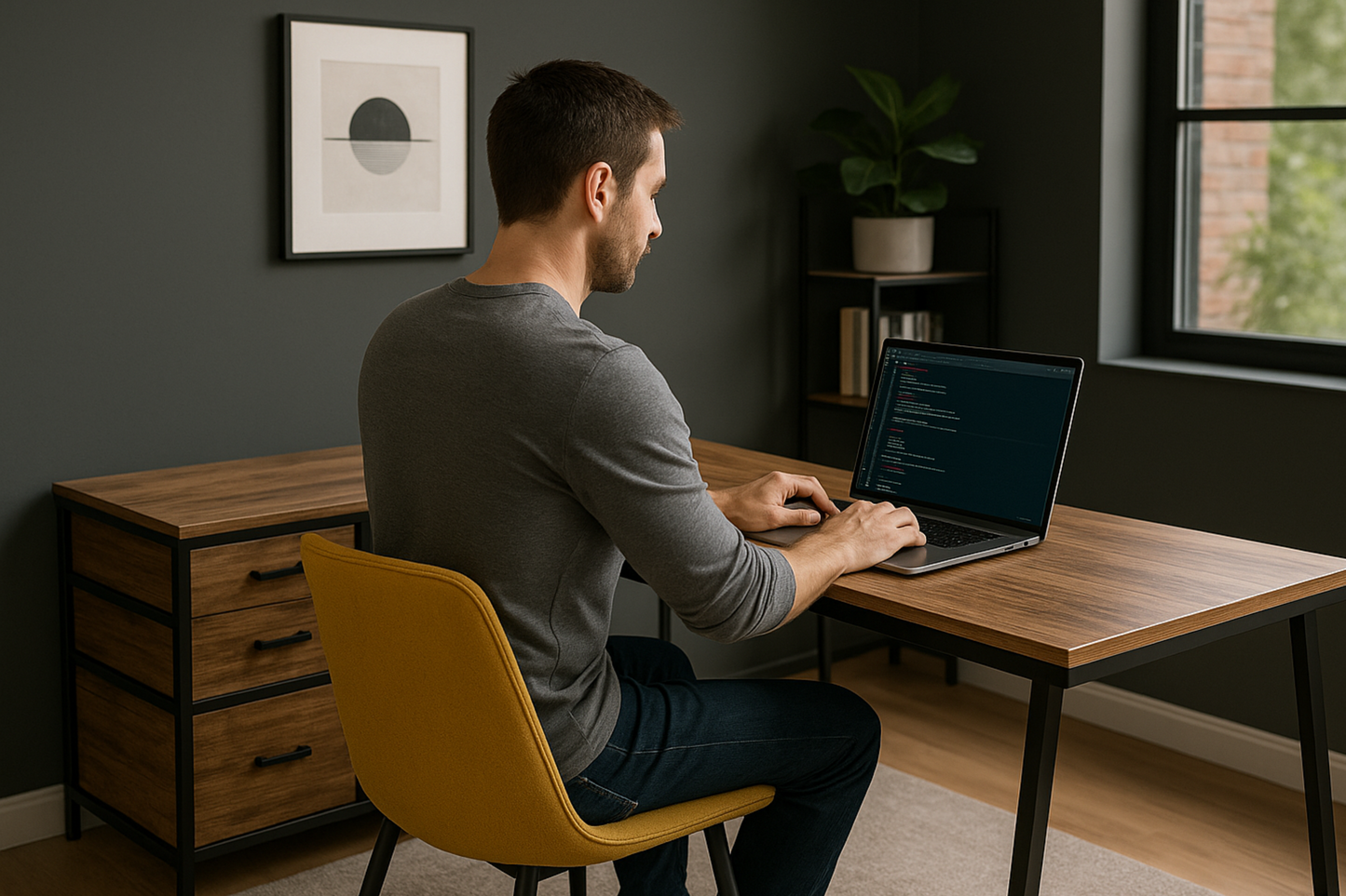 Bureau d’angle en L avec 3 tiroirs et 2 étagères – Structure métal et plateau bois