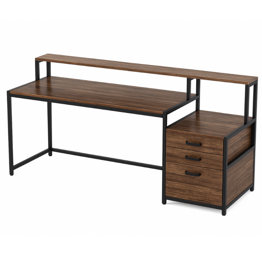 Bureau avec Rangements Intégrés, Étagère Supérieure et Caisson 3 Tiroirs