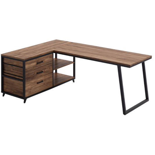 Bureau d’angle en L avec 3 tiroirs et 2 étagères – Structure métal et plateau bois