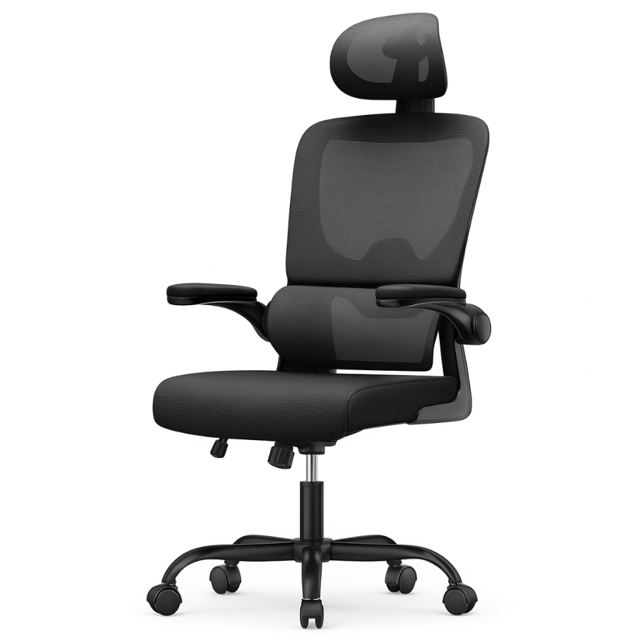 Chaise de bureau ergonomique avec appui-tête réglable, dossier en maille et accoudoirs relevables