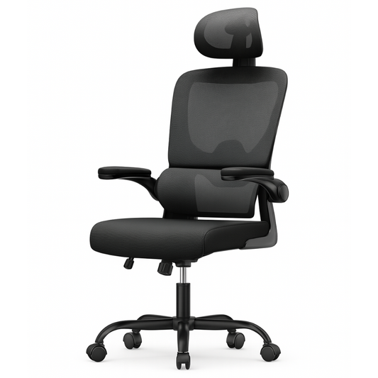 Chaise de bureau ergonomique avec appui-tête réglable, dossier en maille et accoudoirs relevables