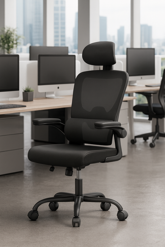 Chaise de bureau ergonomique avec appui-tête réglable, dossier en maille et accoudoirs relevables