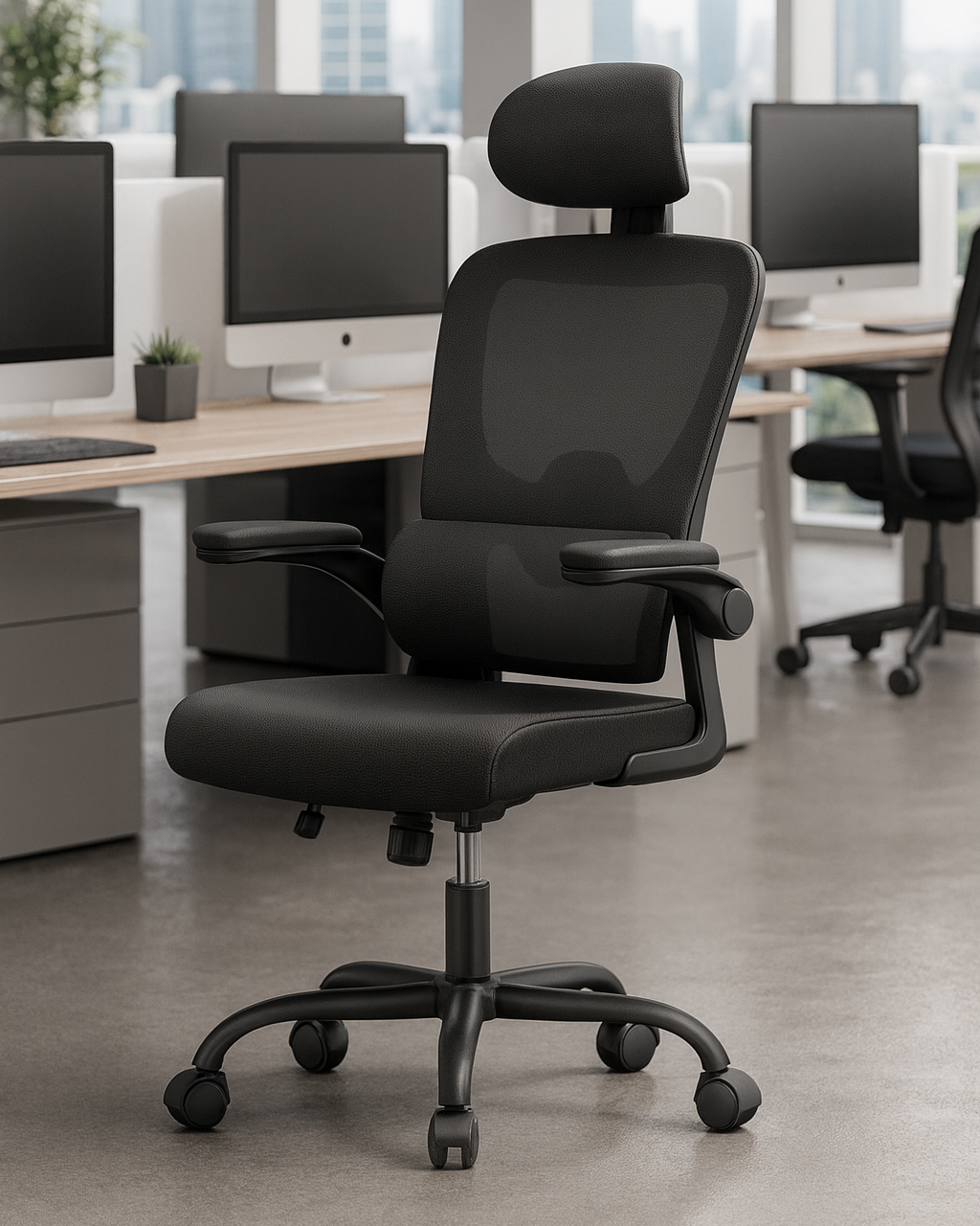 Chaise de bureau ergonomique avec appui-tête réglable, dossier en maille et accoudoirs relevables