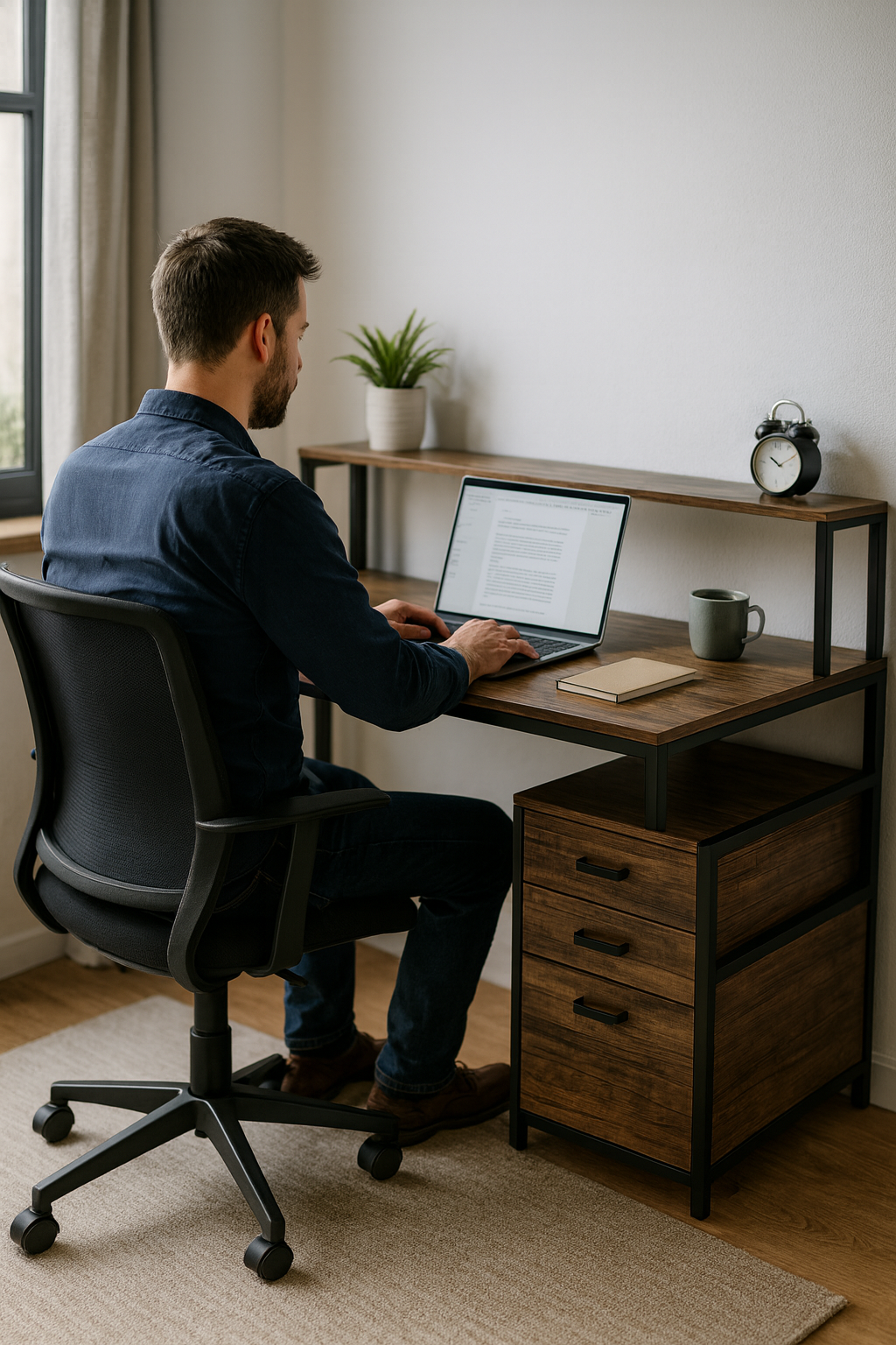 Bureau avec Rangements Intégrés, Étagère Supérieure et Caisson 3 Tiroirs