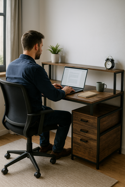 Bureau avec Rangements Intégrés, Étagère Supérieure et Caisson 3 Tiroirs
