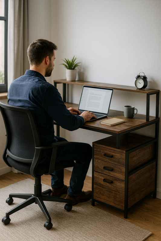 Bureau avec Rangements Intégrés, Étagère Supérieure et Caisson 3 Tiroirs