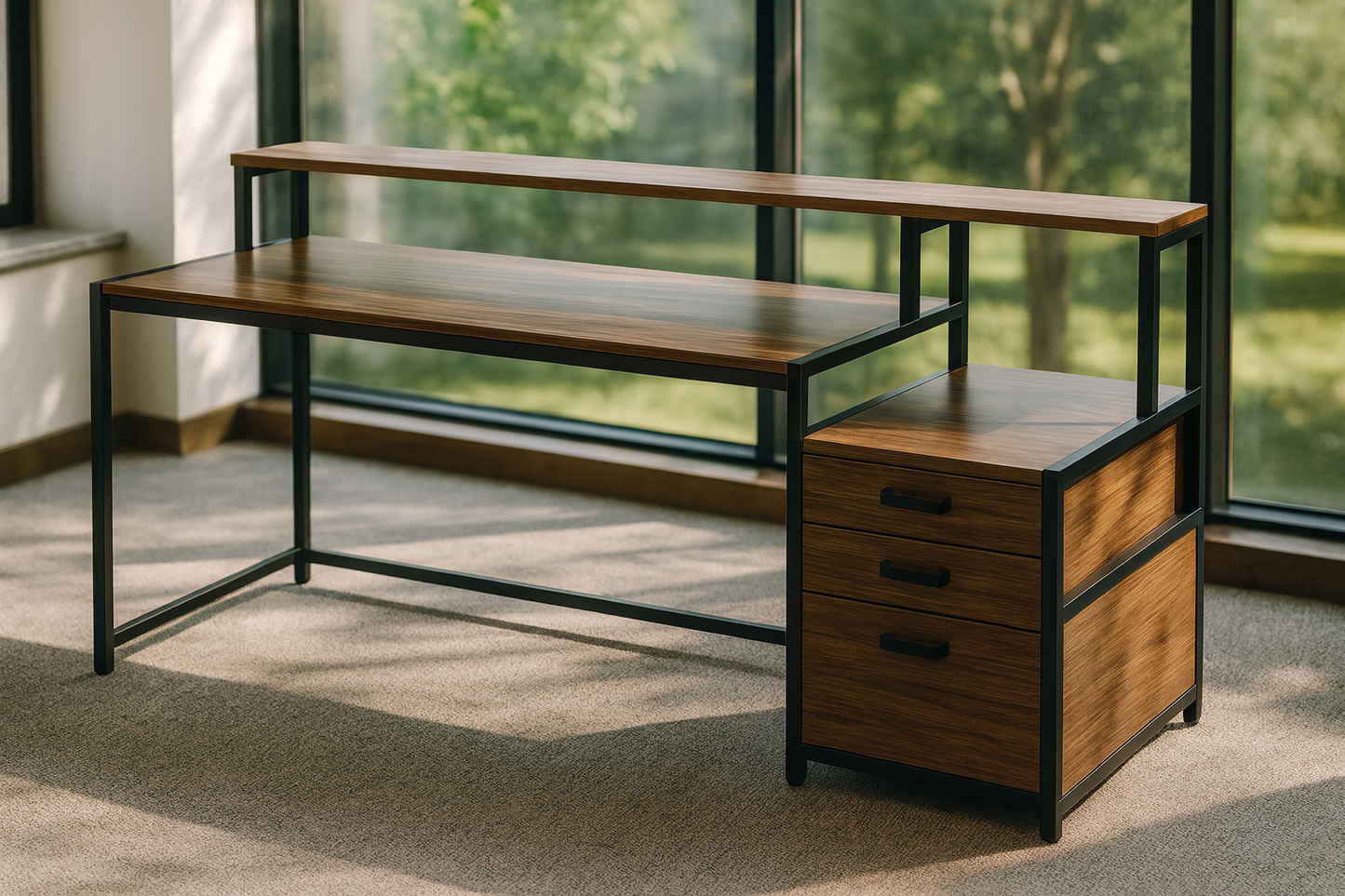 Bureau avec Rangements Intégrés, Étagère Supérieure et Caisson 3 Tiroirs